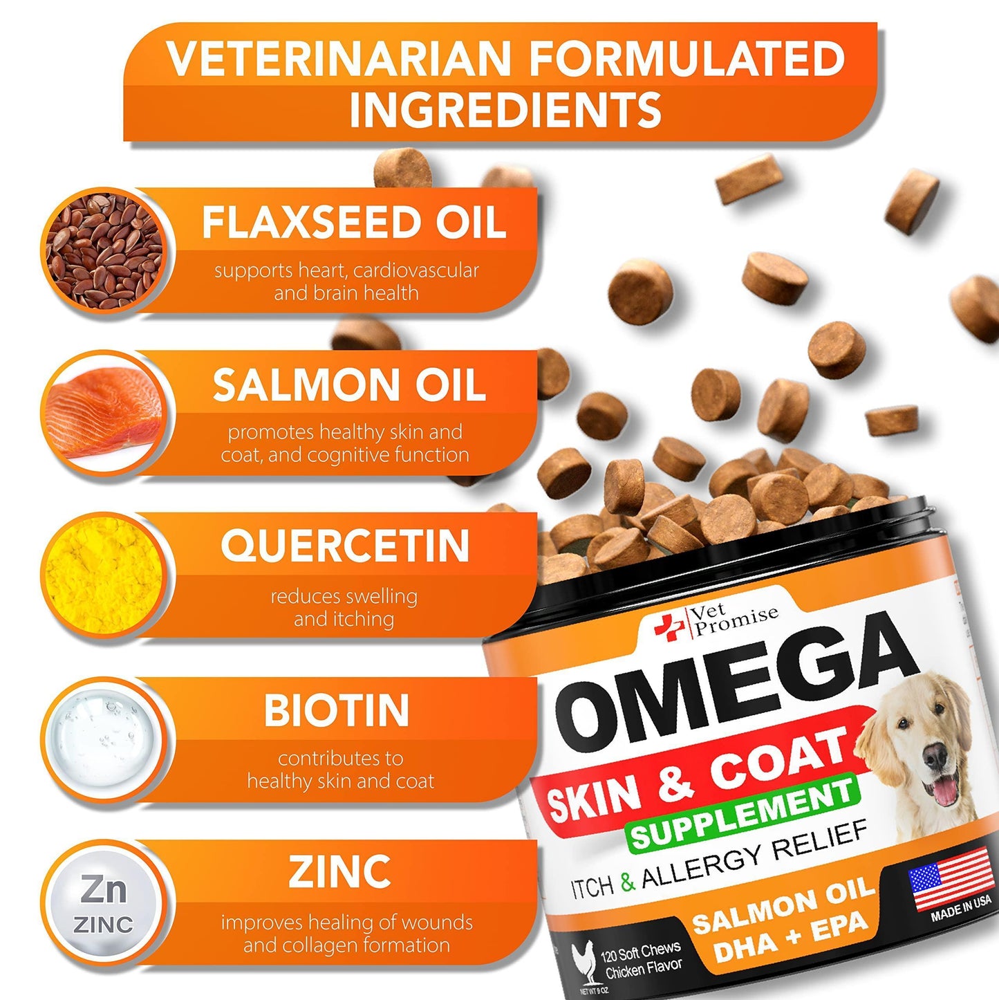 Omega 3 for Dogs Dog Skin and Coat Supplement Fish Oil for Dogs Chews 120 Treats