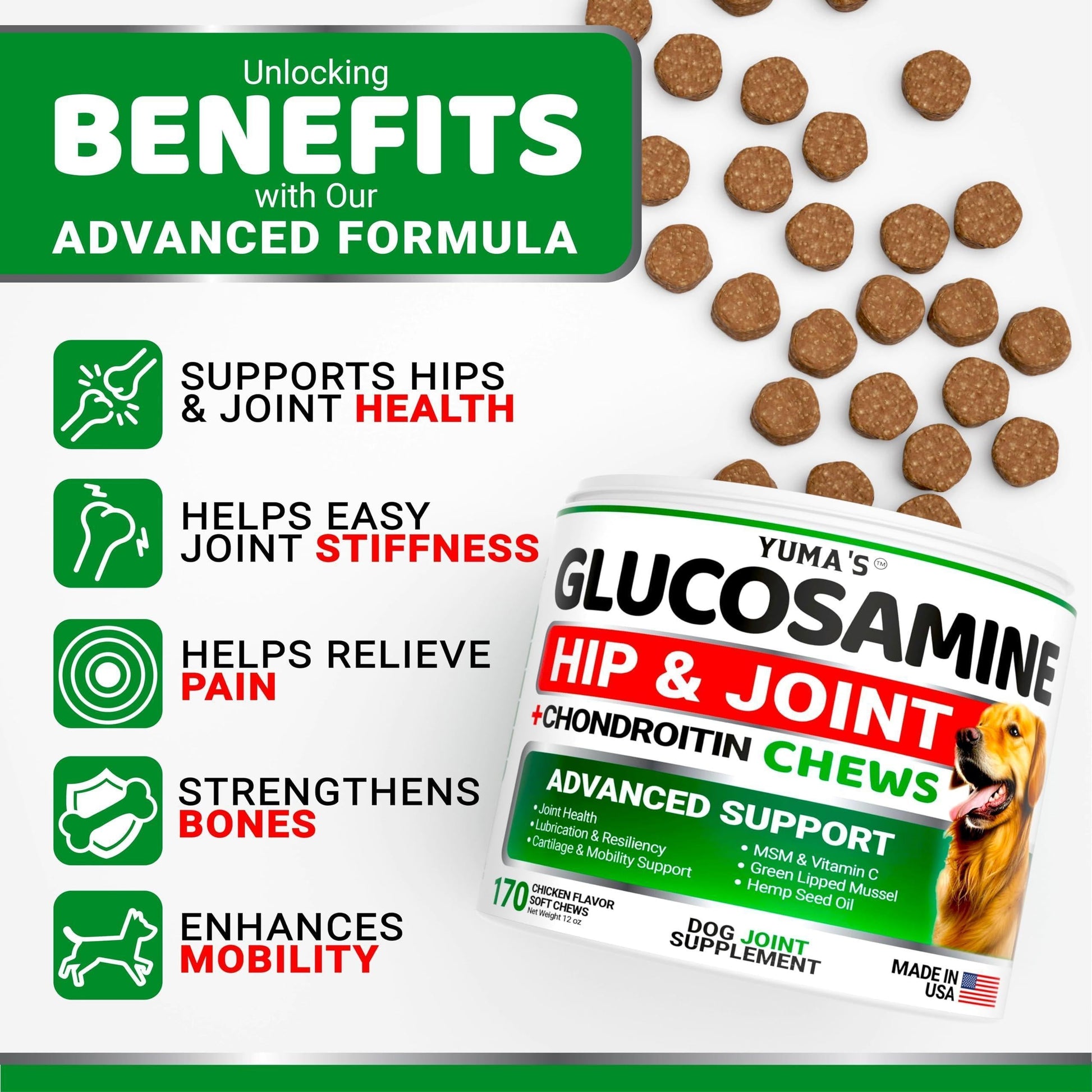 Glucosamine for Dogs Hip and Joint Supplement for Dogs 170 Chews Pain Relief